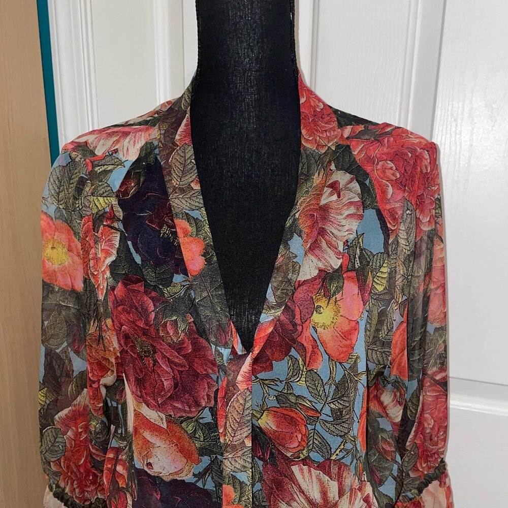 Haute Hippie Floral Sheer Blouse in Red and Green - Picture 2 of 11